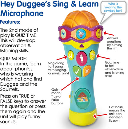 Hey Duggee  Toys HD23 Brinquedo de microfone para crianças - ajuda no desenvolvimento infantil, aprendizado, observação, habilidades auditivas - recursos de tempo de teste e modos de cantar junto, 3 anos ou mais, cinza claro