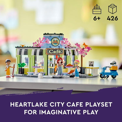 LEGO Brinquedo Friends Heartlake City Café para crianças, conjunto de construção de padaria, ideia de presente de aniversário para meninas e meninos de 6 anos ou mais, com 3 minibonecas e uma figura de cachorro 42618