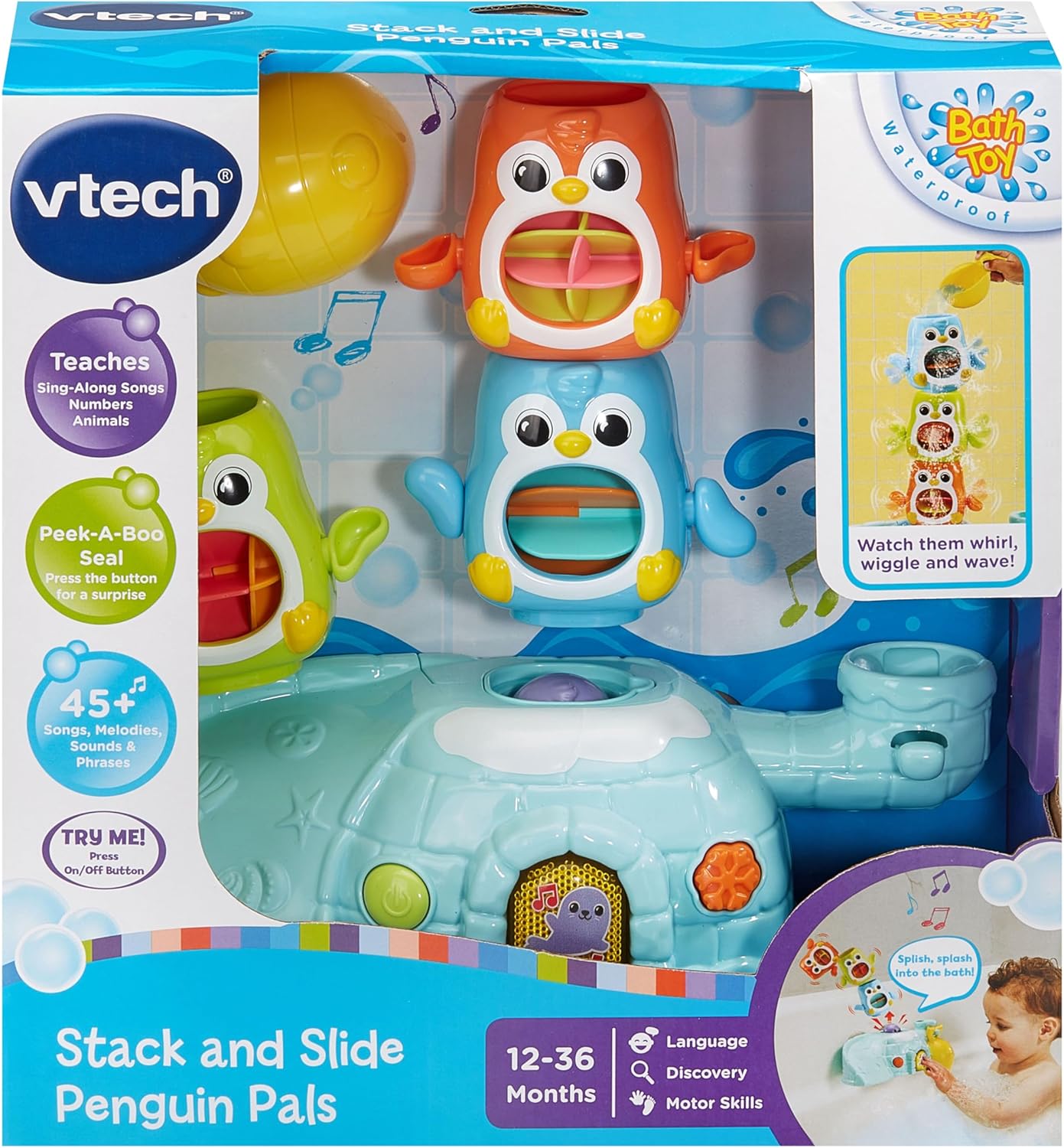 VTech Stack and Slide Penguin Pals, Juguete de baño interactivo apilable para juego sensorial, 3 pingüinos apilables, canciones, frases y melodías, regalo para niños de 12, 18, 24 meses en adelante, versión en inglés