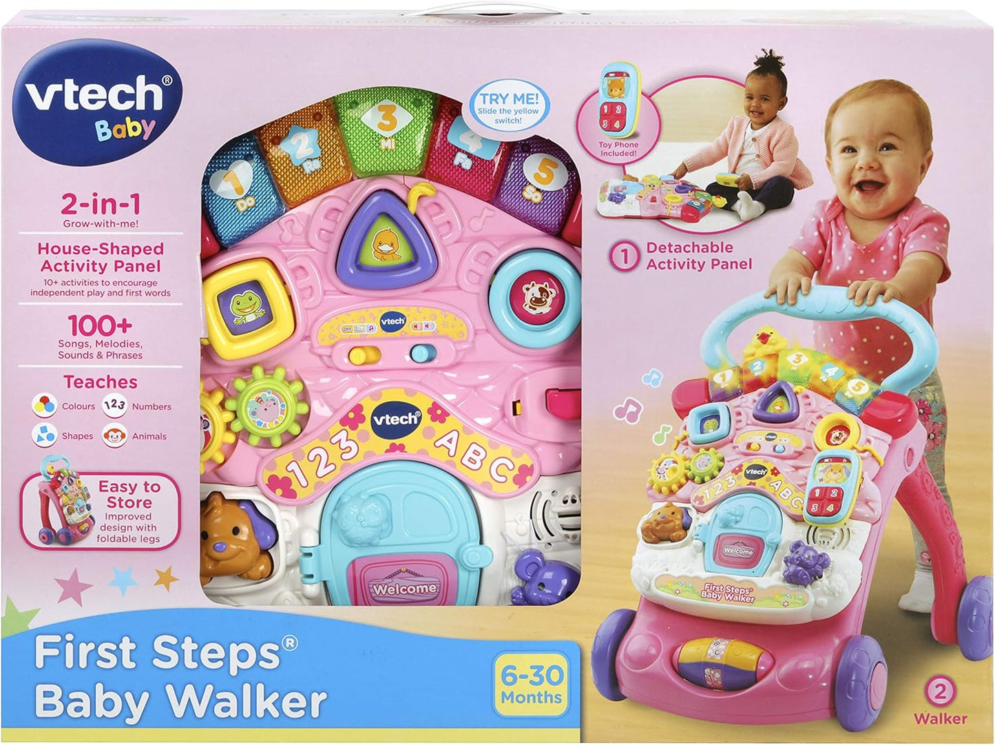 VTech First Steps Baby Walker | Brinquedo de bebê Push Along Walker com formas, sons, música, frases, brincadeira de faz de conta e muito mais | Adequado para bebês de 6 meses, 1, 2 e 3 anos, meninos e meninas, rosa