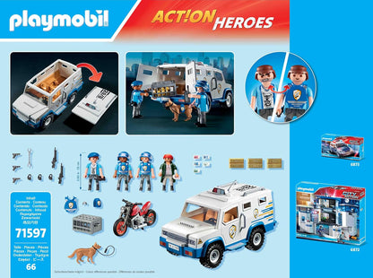 Playmobil 71597 Action Heroes: Police Money Transporter, thrilling heist chase, including three police officers, a crook on a motorcycle, and a police dog, play sets suitable for children ages 4+