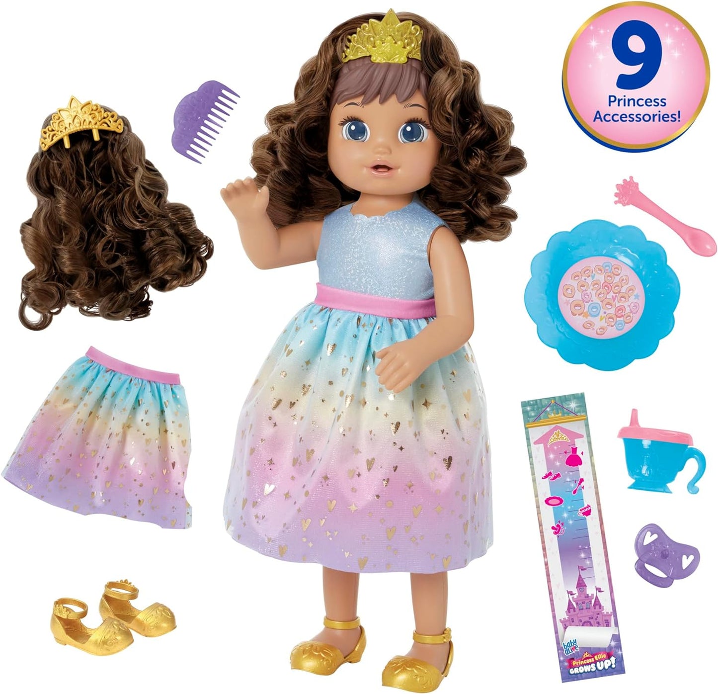 ¡La princesa Ellie de Baby Alive Hasbro crece! Cabello castaño, muñeca interactiva con accesorios, juguetes para niñas y niños, de 3 años en adelante, 18 pulgadas