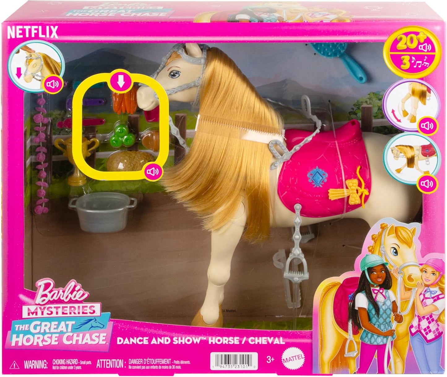 Barbie Cavalo de brinquedo com sons, música e acessórios, inspirado em Barbie The Great Horse Chase, cavalo se move, dança e pisca os olhos, HXJ42