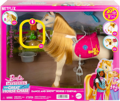 Barbie Cavalo de brinquedo com sons, música e acessórios, inspirado em Barbie The Great Horse Chase, cavalo se move, dança e pisca os olhos, HXJ42