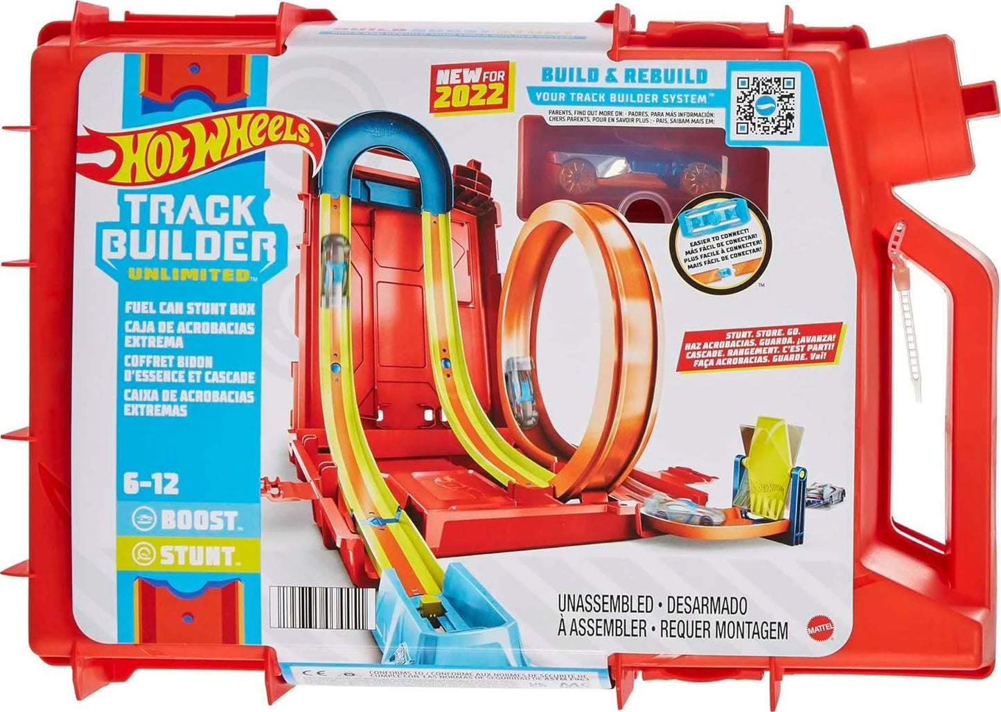 Hot Wheels Track Builder Unlimited Fuel Can Stunt Box, paquete de construcción de pistas para acrobacias y carreras, almacenamiento de pistas y coches de juguete, se conecta a otros juegos, regalo para niños de 6 años en adelante, HDX78