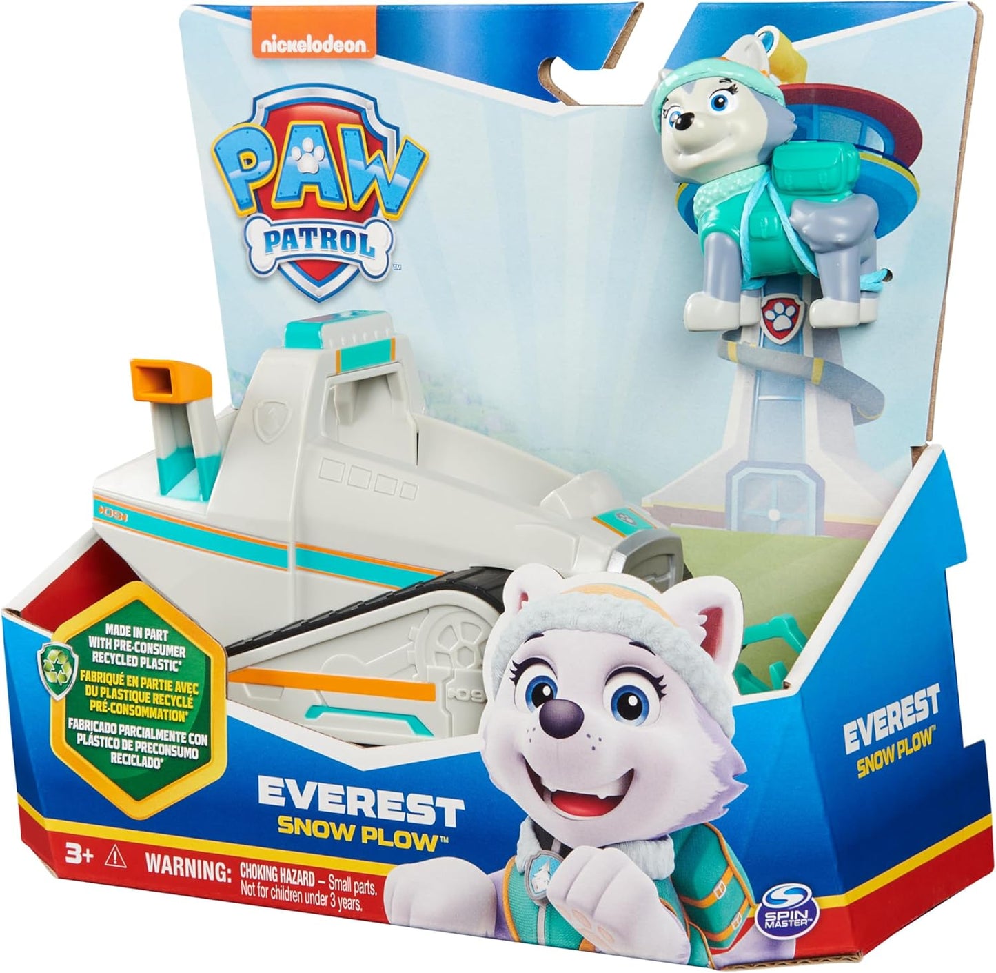 Paw Patrol, Everest Snowplow, coche de juguete con figura de acción coleccionable, juguetes sostenibles para niños y niñas de 3 años en adelante