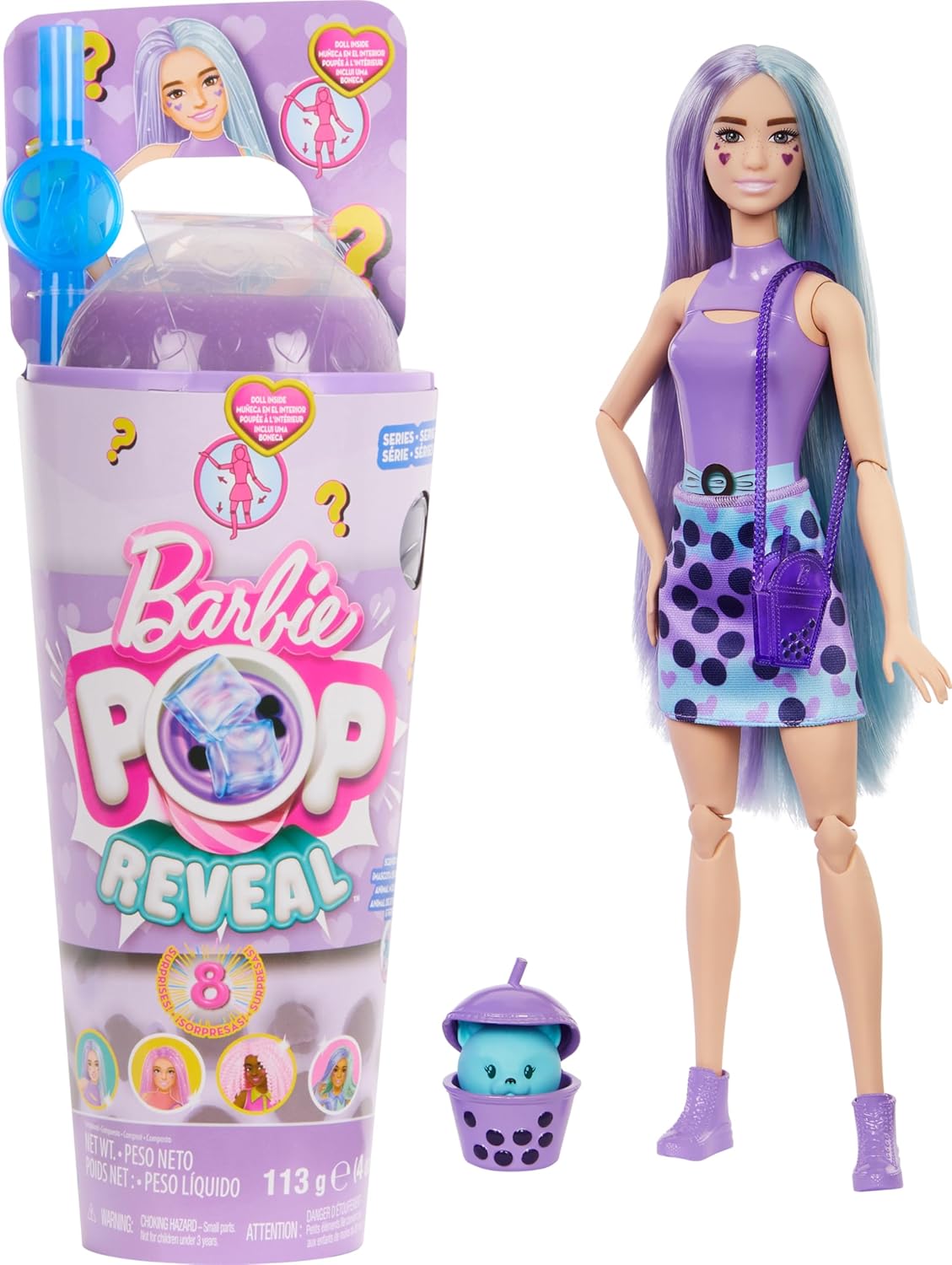 Barbie Boneca Pop Reveal Bubble Tea Series e acessórios com boneca fashion e animal de estimação, 8 surpresas incluem mudança de cor, copo com armazenamento (os estilos podem variar), HTJ19