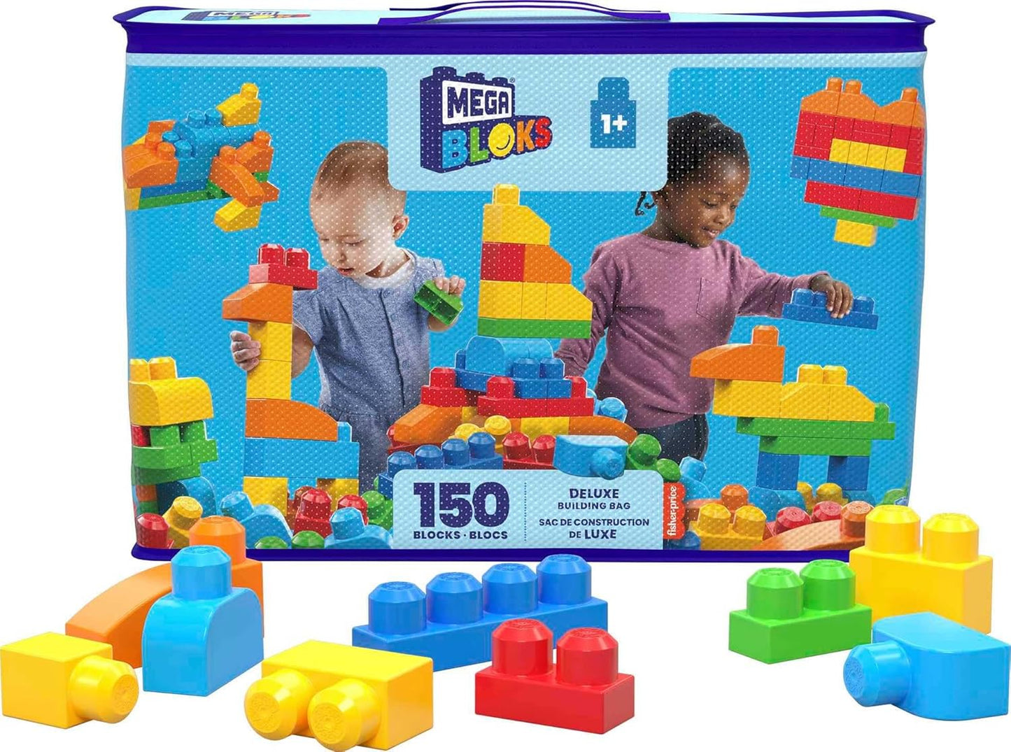 MEGA Conjunto de brinquedos de blocos infantis BLOKS First Builders, bolsa de construção de luxo com 150 peças e armazenamento, azul, maiores de 1 ano, CNM43