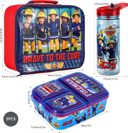 Zawadi Global Conjunto de lancheira infantil Fireman Sam Kids - lancheira isolada, lancheira com vários compartimentos e garrafa de água de 580 ml - conjunto de comida para almoço de viagem escolar, sem BPA