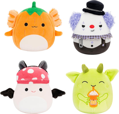 Squishmallows Original Halloween paquete de 4 unidades: Gabin Pumpkin Axolotl, Fitzy Goblin Holding Latte, Malcolm Bat Mushroom, Ms. K Purple Clown - Peluche oficial de Jazwares (pequeño)