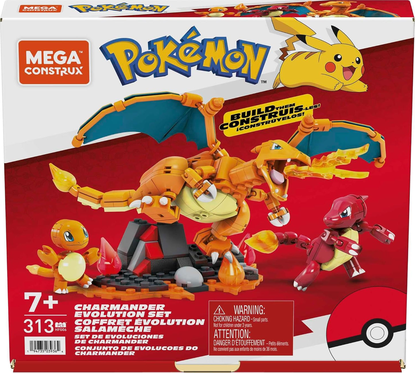 MEGA Brinquedos de construção de bonecos de ação Pokémon para crianças, conjunto Charmander Evolution com 300 peças, 3 personagens articulados, Charmeleon e Charizard, HFG06