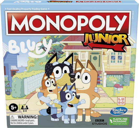 Monopoly Hasbro Gaming Monopoly Junior: Jogo de tabuleiro Bluey Edition para crianças de 5 anos ou mais, jogue como Bluey, Bingo, mamãe e papai, apresenta arte da série animada (exclusivo da Amazon)