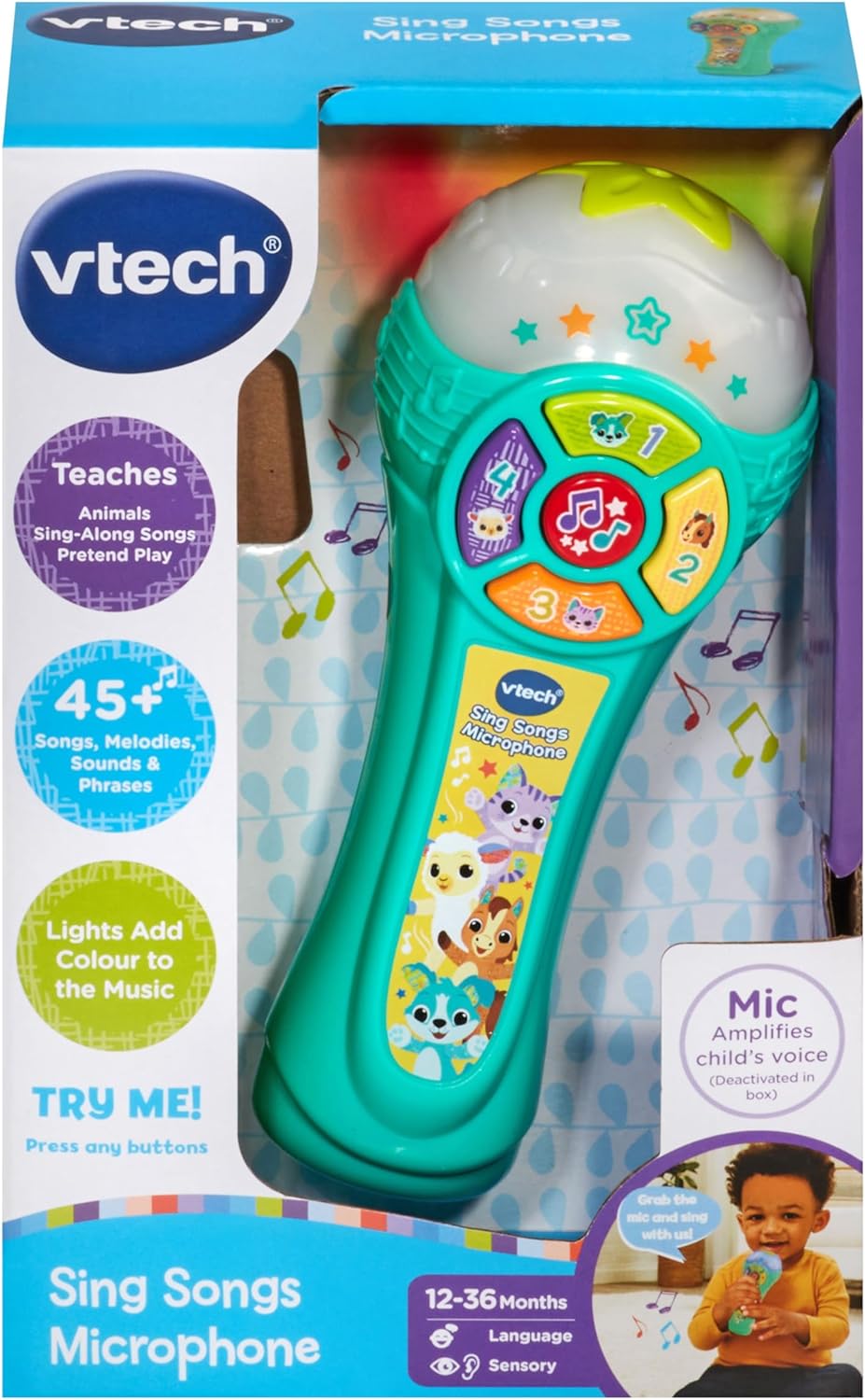 VTech Micrófono para Cantar Canciones de Bebé, Micrófono Interactivo de Juguete con 4 Botones de Animales, Sonidos y Números, Luces Intermitentes y Música, Juguete Musical para Bebés de 12, 18, 24 Meses+, Versión en Inglés