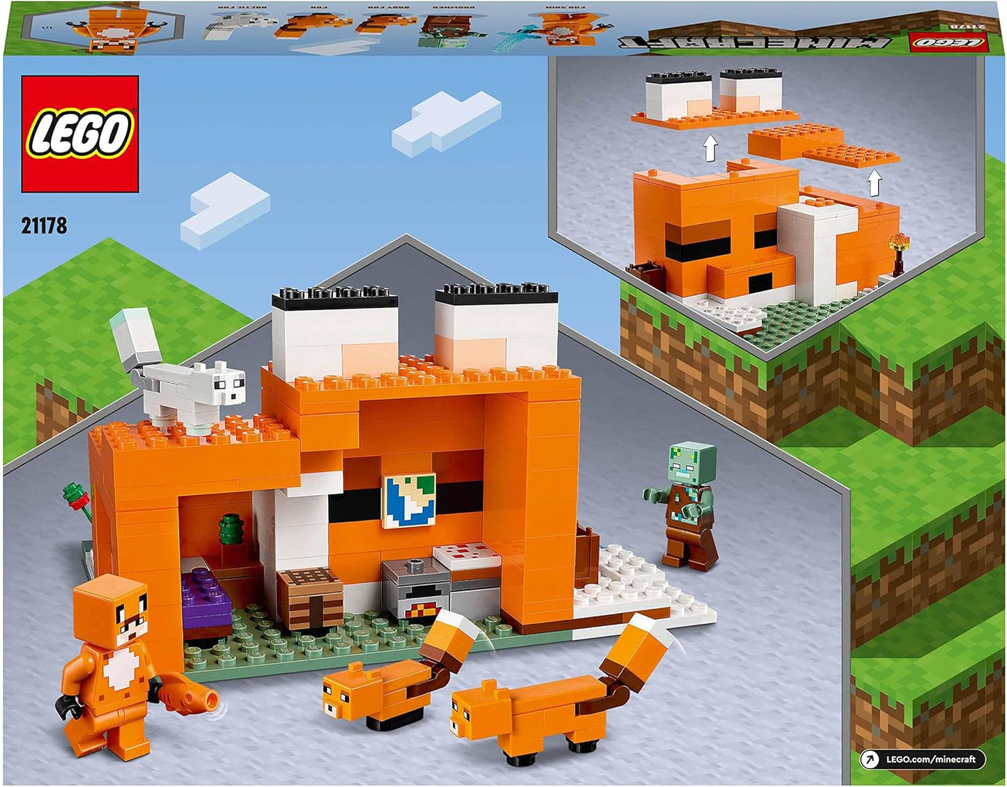 LEGO 21178 Minecraft The Fox Lodge House, brinquedos de animais, presentes de aniversário para crianças, meninos e meninas de 8 anos ou mais, com figura de zumbi afogado