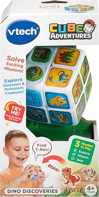 VTech Cube Adventures Dino Discoveries, Cubo Retorcido Interactivo con Datos y Frases de Dinosaurios, Actividades y Prueba, Juguete Interactivo para niños de 4, 5, 6 años en adelante, versión en inglés