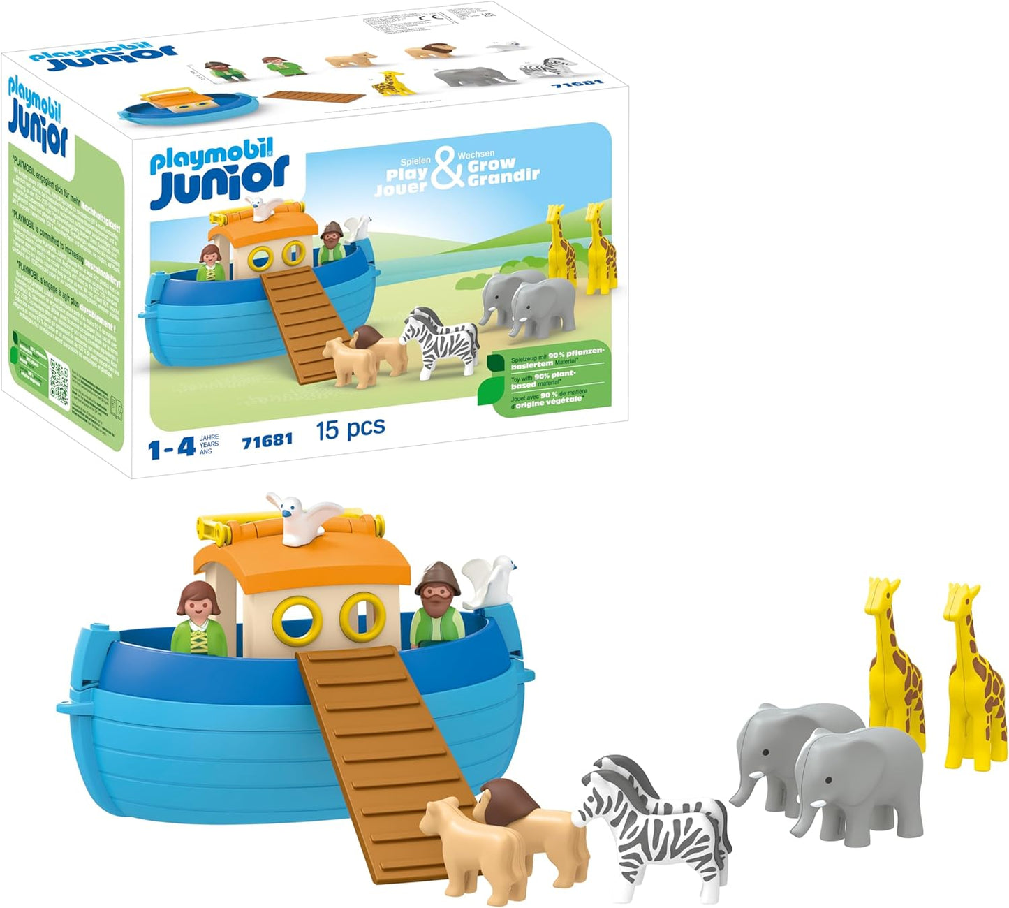 PLAYMOBIL 71681 JUNIOR: My Take Along Arca de Noé, incluindo rampa e nove animais, brinquedo sustentável feito de plástico à base de plantas, brinquedo para presente, conjuntos de jogos adequados para crianças de 1 ano ou mais