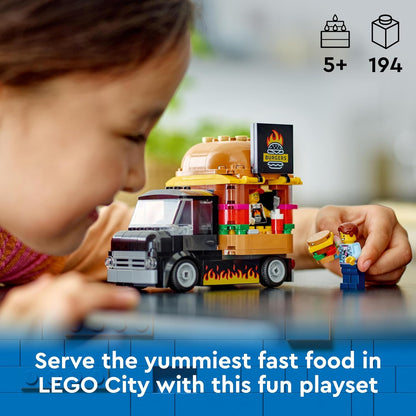 LEGO City Burger Van, brinquedo de caminhão de comida para meninos e meninas de 5 anos ou mais, brinquedos de construção de veículos, conjunto de jogos de cozinha com minifigura e acessórios do fornecedor, presentes de brincadeira imaginativos