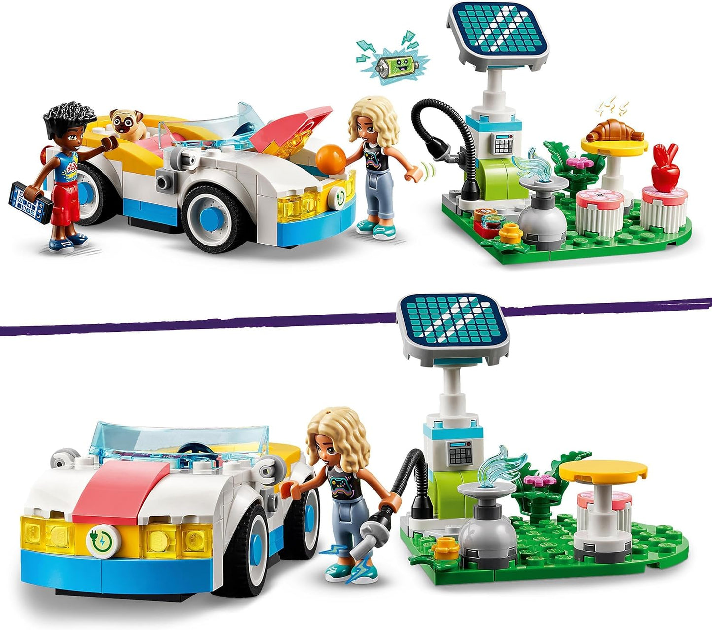 LEGO Carro elétrico e carregador Friends, brinquedo de veículo ecológico para meninas, meninos e crianças de 6 anos ou mais, conjunto de aventura de dramatização com personagens de miniboneca Nova e Zac e uma figura