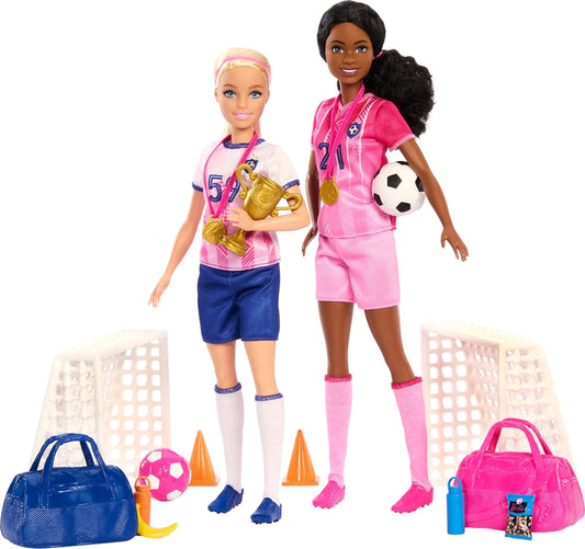 Barbie Bonecas de carreira e 15 acessórios, conjunto de jogador de futebol com Barbie “Brooklyn” e bonecas loiras pequenas, 2 redes, 2 bolas e mais, HRG88