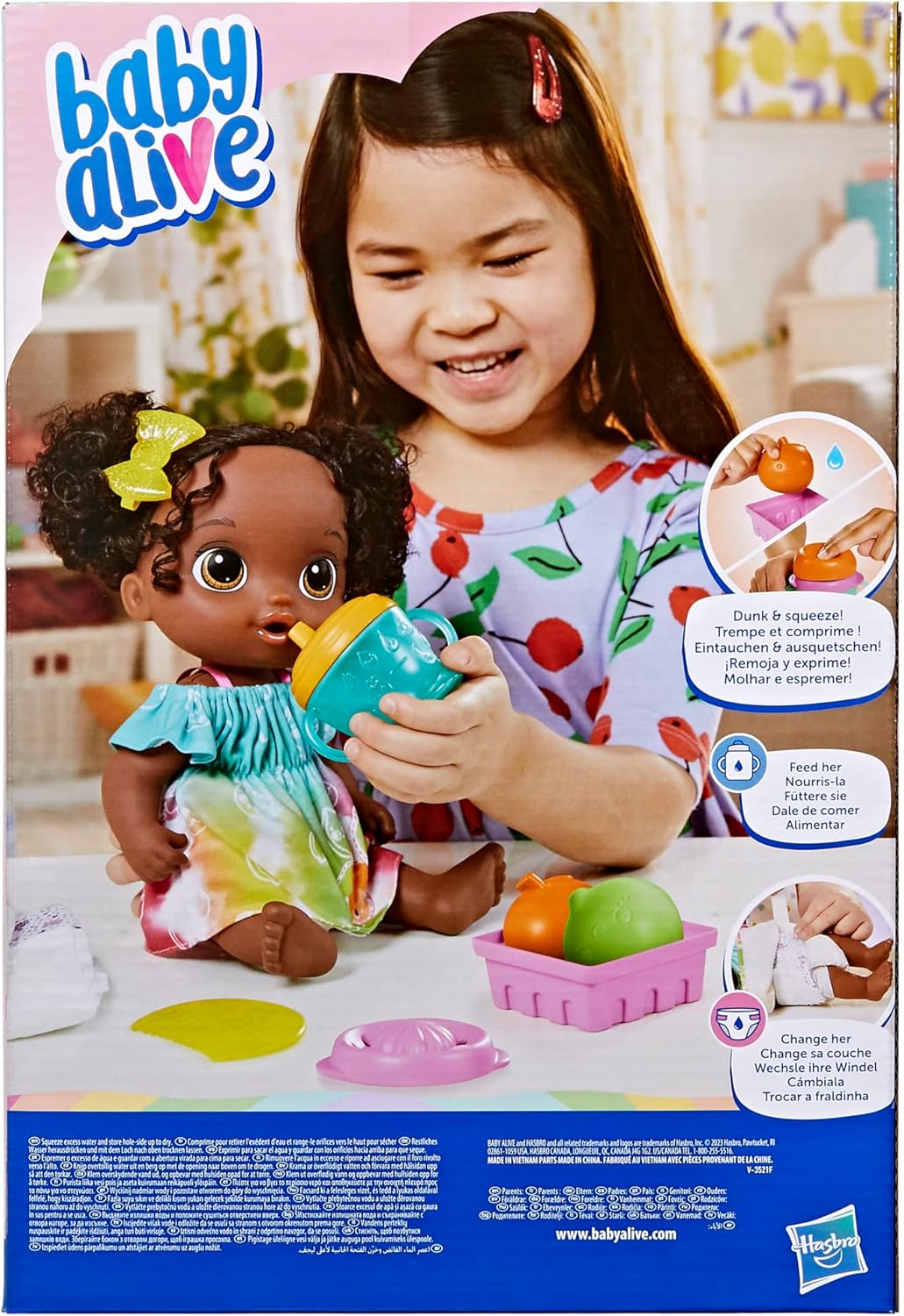 Muñeca Baby Alive Fruity Sips, lima, juego de muñeca exprimidora, bebidas y salsas, juguete para niños a partir de 3 años, pelo negro