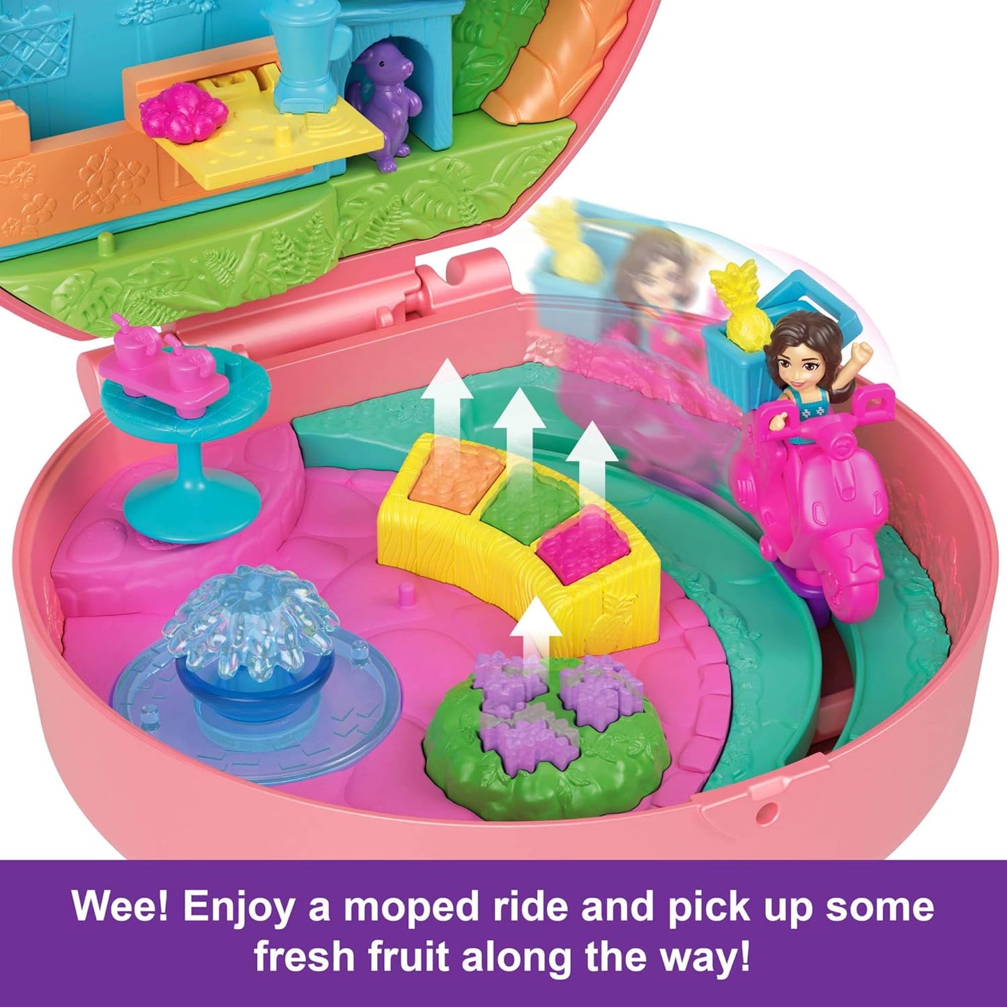 Polly Pocket Dolls e Playset, Adventure Moped Compact, brinquedo de viagem com 2 micro bonecas e acessórios para animais de estimação, animais e veículos