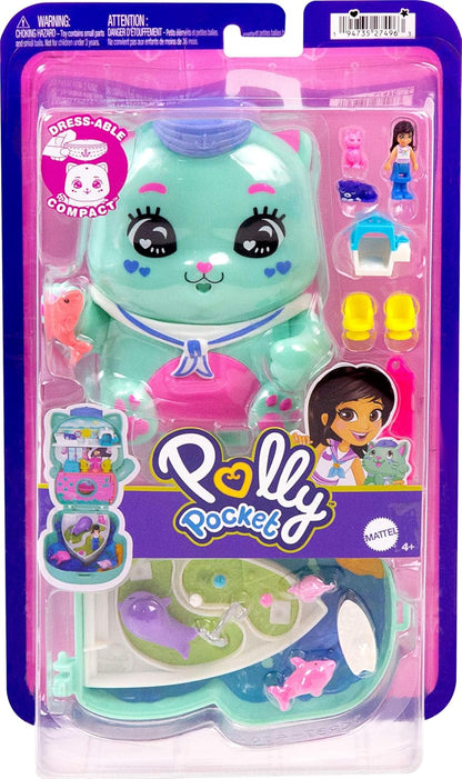 Polly Pocket Dolls e Playset, Set Sail Kitty Compact, brinquedo de viagem com 1 micro boneca, gatos de estimação, acessórios de estilo de comida e moda, JCR37