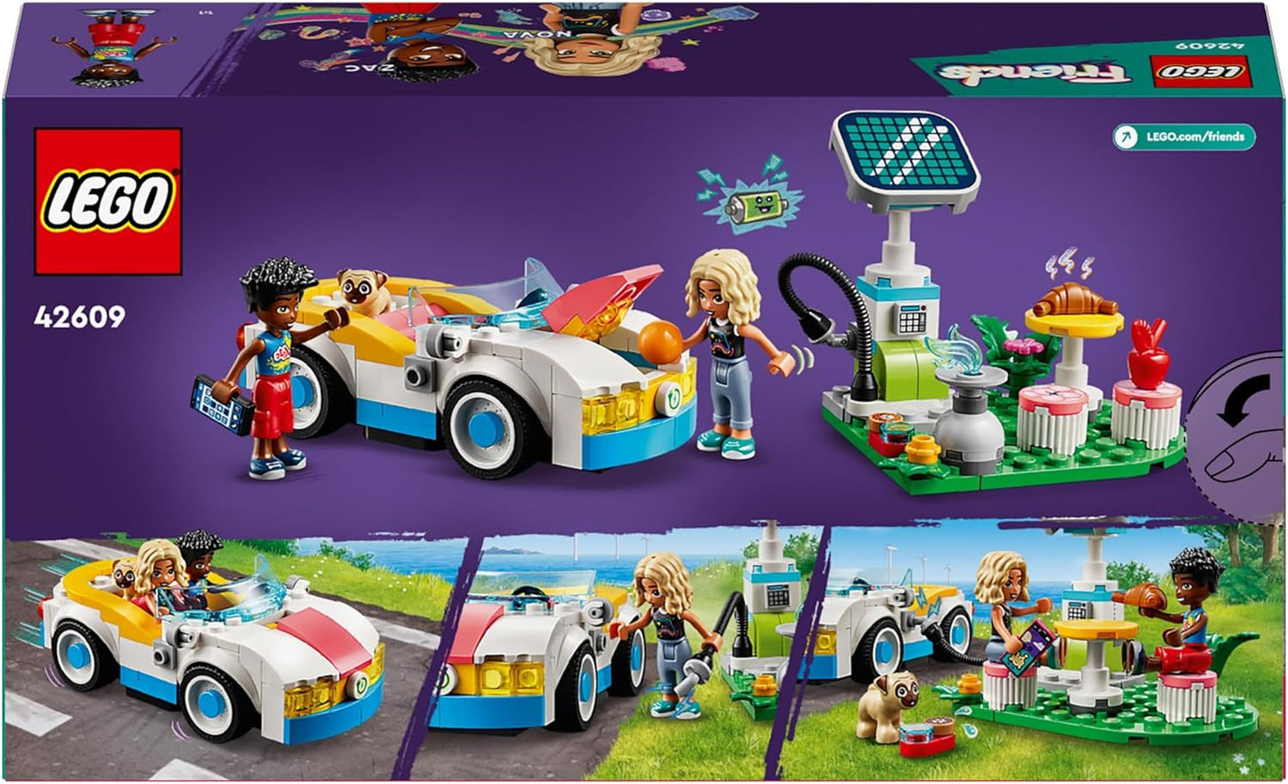 LEGO Carro elétrico e carregador Friends, brinquedo de veículo ecológico para meninas, meninos e crianças de 6 anos ou mais, conjunto de aventura de dramatização com personagens de miniboneca Nova e Zac e uma figura