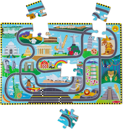 Melissa e Doug Race Around the World Tracks quebra-cabeças de papelão e veículos de corda, tabuleiro ocupado, quebra-cabeças para crianças de 3 anos, brinquedos Montessori