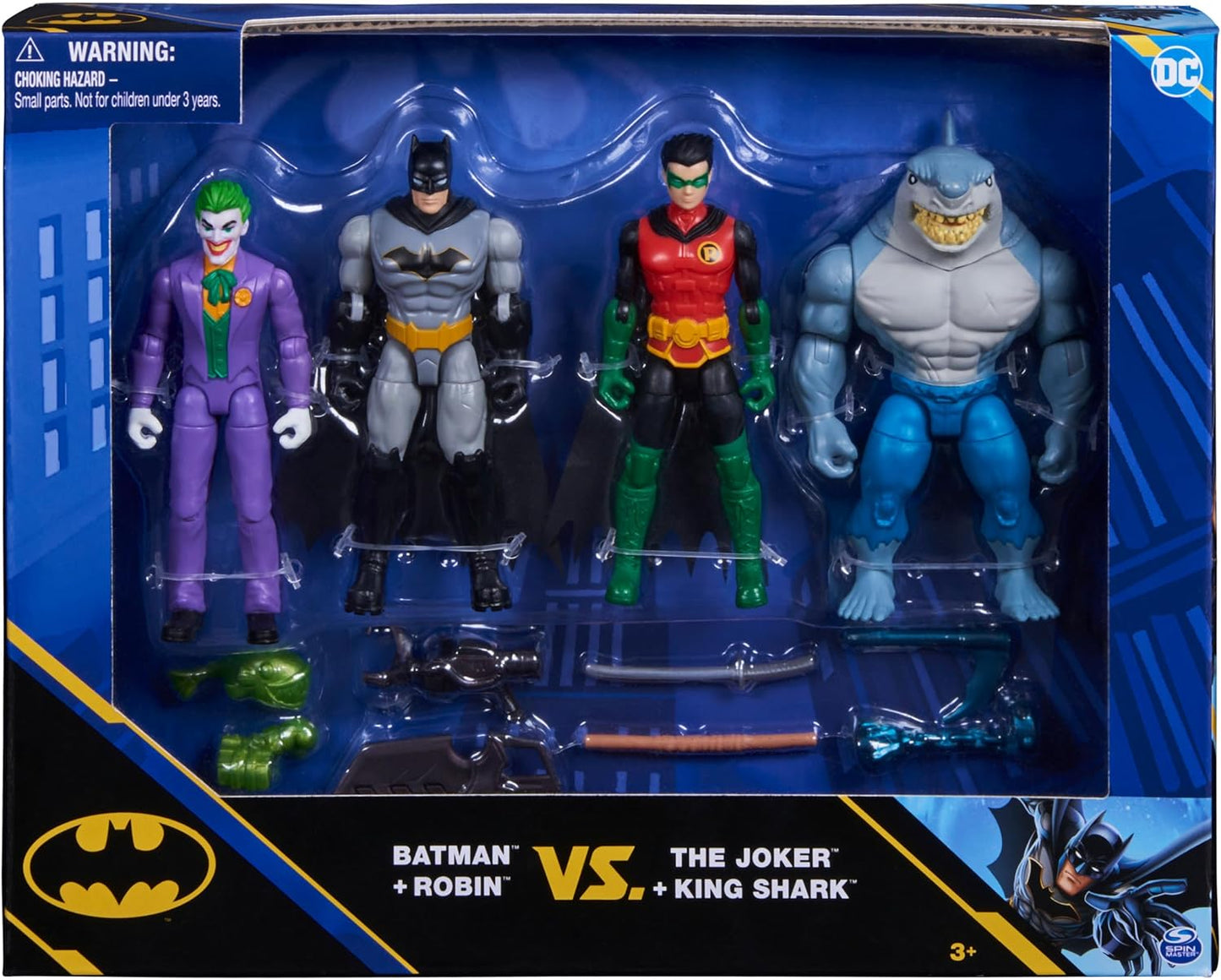 DC Comics, Batman e Robin vs. The Joker e King Shark, bonecos de ação de 4 polegadas, brinquedos infantis para meninos e meninas de 3 anos ou mais