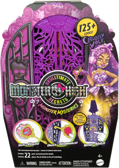 Monster High Skulltimate Secrets Juego de muñecas y accesorios, Monster Mysteries Clawdeen Wolf con tocador y más de 19 sorpresas, incluidos trajes, HXH85