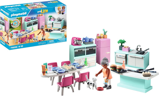 Playmobil 71608 myLife: Cozinha com área de jantar, cozinha totalmente equipada para dramatizações detalhadas, feita com mais de 80% de materiais reciclados e de base biológica, conjuntos de jogos adequados para crianças a partir de 4 anos