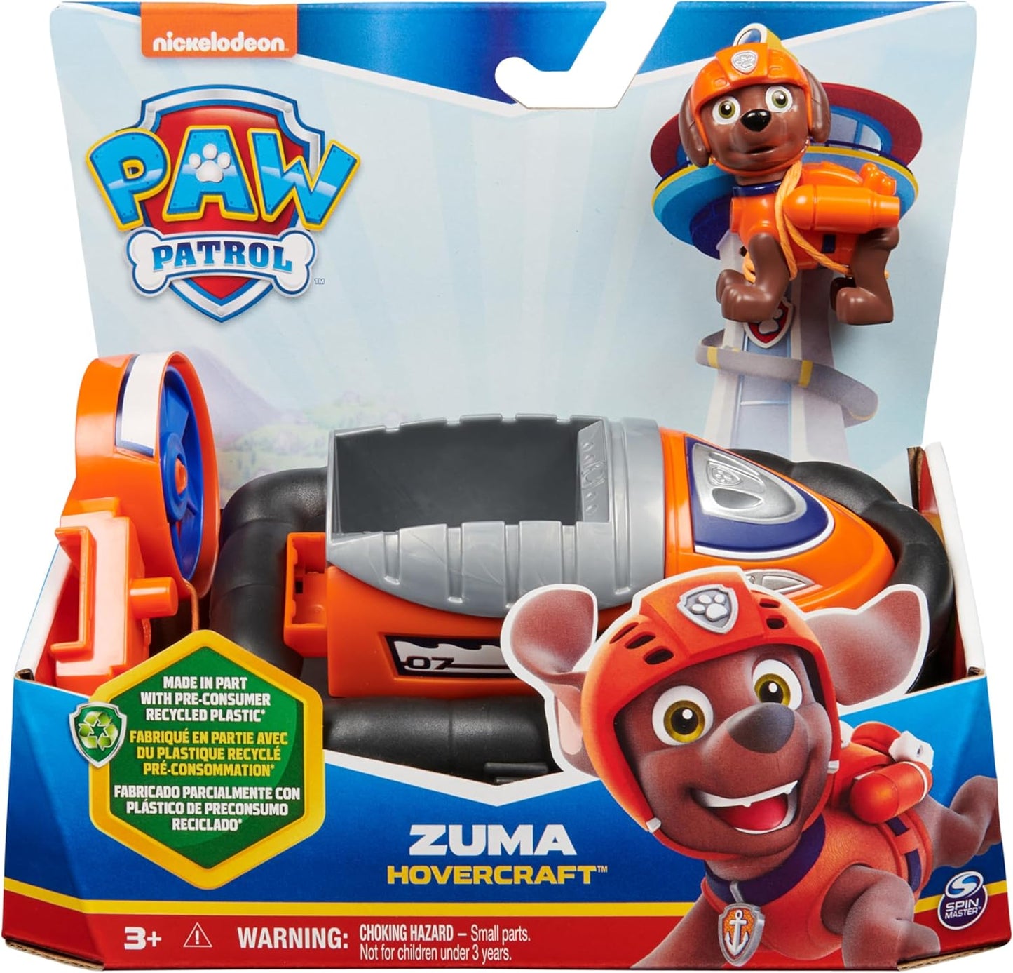 Paw Patrol, aerodeslizador de Zuma, vehículo de juguete con figura de acción coleccionable, juguetes sostenibles para niños y niñas de 3 años en adelante