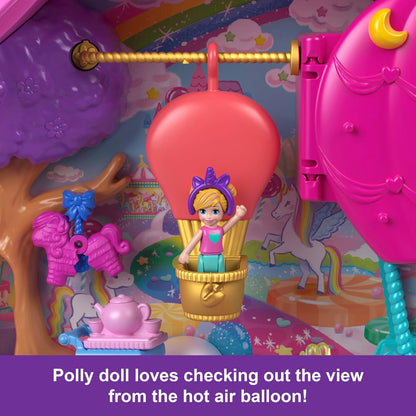 Polly Pocket Dolls e Playset com animais de estimação e mais de 25 acessórios surpresa, celebração de aniversário Unicorn Partyland Playset, passeio de balão de ar quente, HYD96