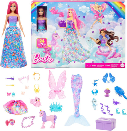 Barbie Calendário do Advento da com boneca e 24 acessórios surpresa, incluindo unicórnio e 3 animais de estimação, transforme a boneca da moda de cabelo rosa em sereia, fada e muito mais, HRG90