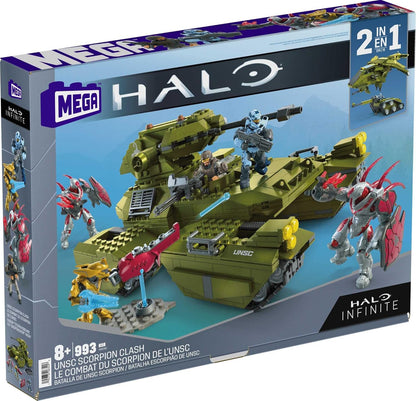 Mega Conjunto de construção de veículos de brinquedo Halo Infinite, UNSC Scorpion Clash com 993 peças, 5 microfiguras de ação e acessórios, ideias de presentes para crianças