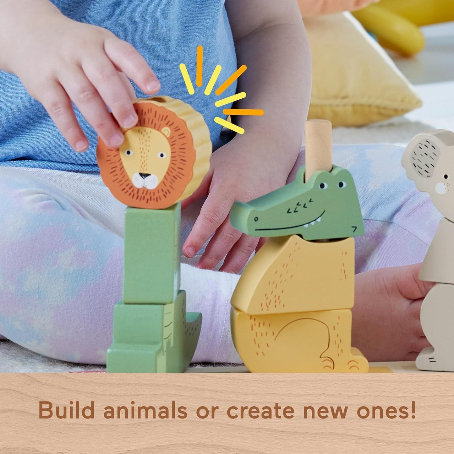 Fisher-Price Baby & Toddler Toy Wooden Stack & Sort Animals, 10 Wood Pieces for Developmental Play Ages 1+ Years,