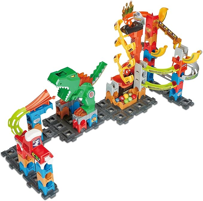 VTech Marble Rush Magentic Dino Adventure, Set de Construcción para Niños, 10 Canicas y 100 Piezas de Construcción, Juguete de Construcción, Dinosaur Marble Rush con Efectos de Luz y Sonido para 4, 5, 6 años + Versión en Inglés