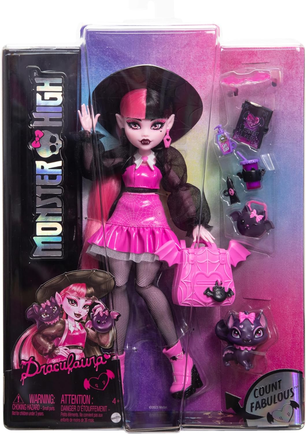 Monster High Boneca Draculaura com Pet Bat-Cat Count Fabulous e acessórios como mochila, livro de feitiços, caixa de bento e muito mais