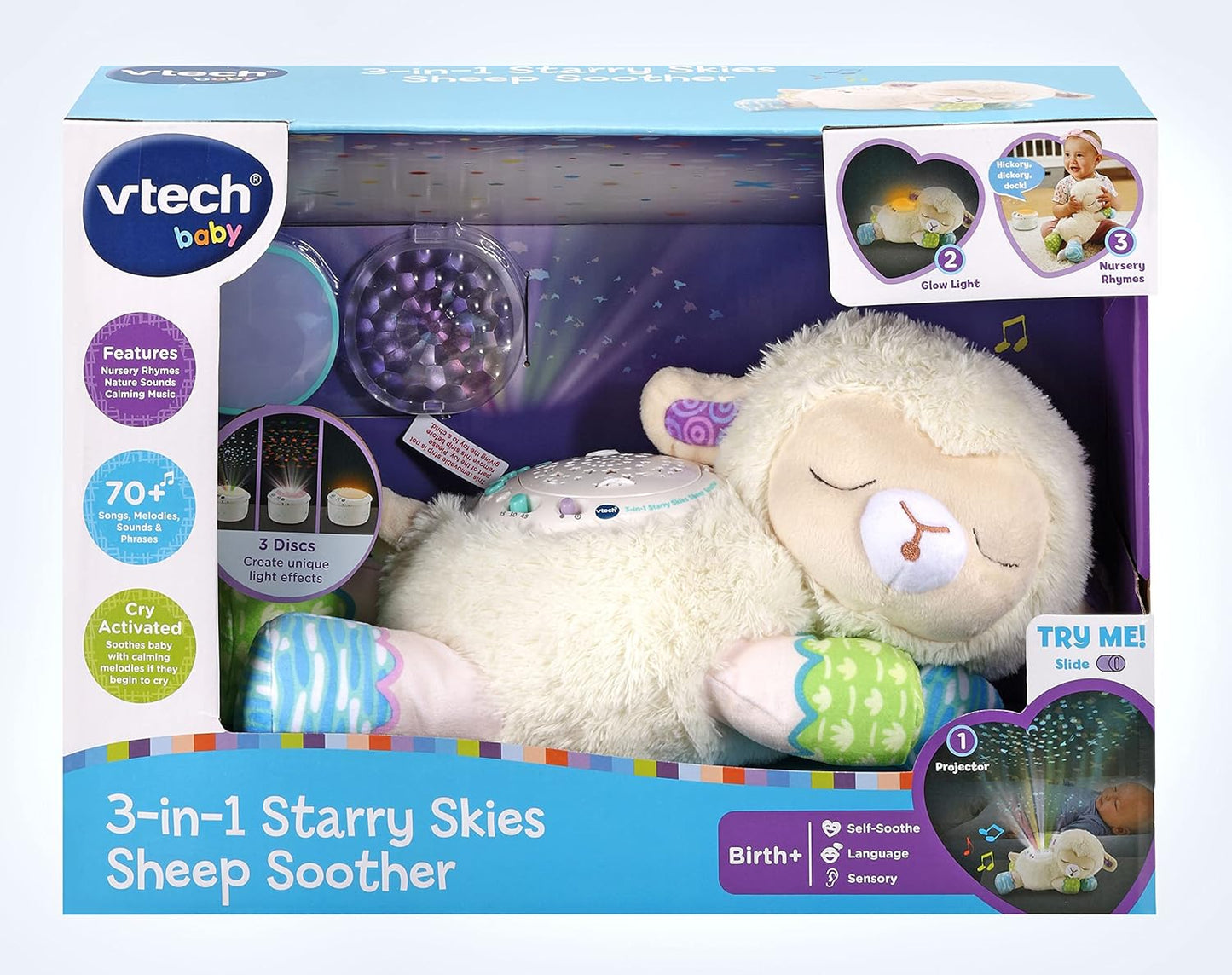 VTech Chupete 3 en 1 Oveja Cielo Estrellado, Juguete Suave para Bebé con Proyector de Luz Nocturna, Sonidos de la Naturaleza, Ruido Blanco y Música, Regalo para Bebés 0, 3, 6, 12 Meses+, Versión en Inglés