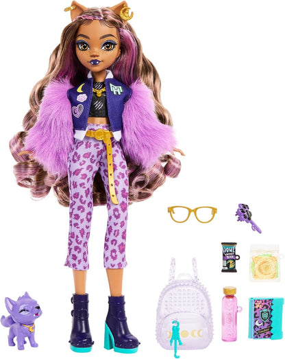 Monster High Boneca Clawdeen Wolf com cão de estimação crescente e acessórios como mochila, planejador, lanches e muito mais, HRP65