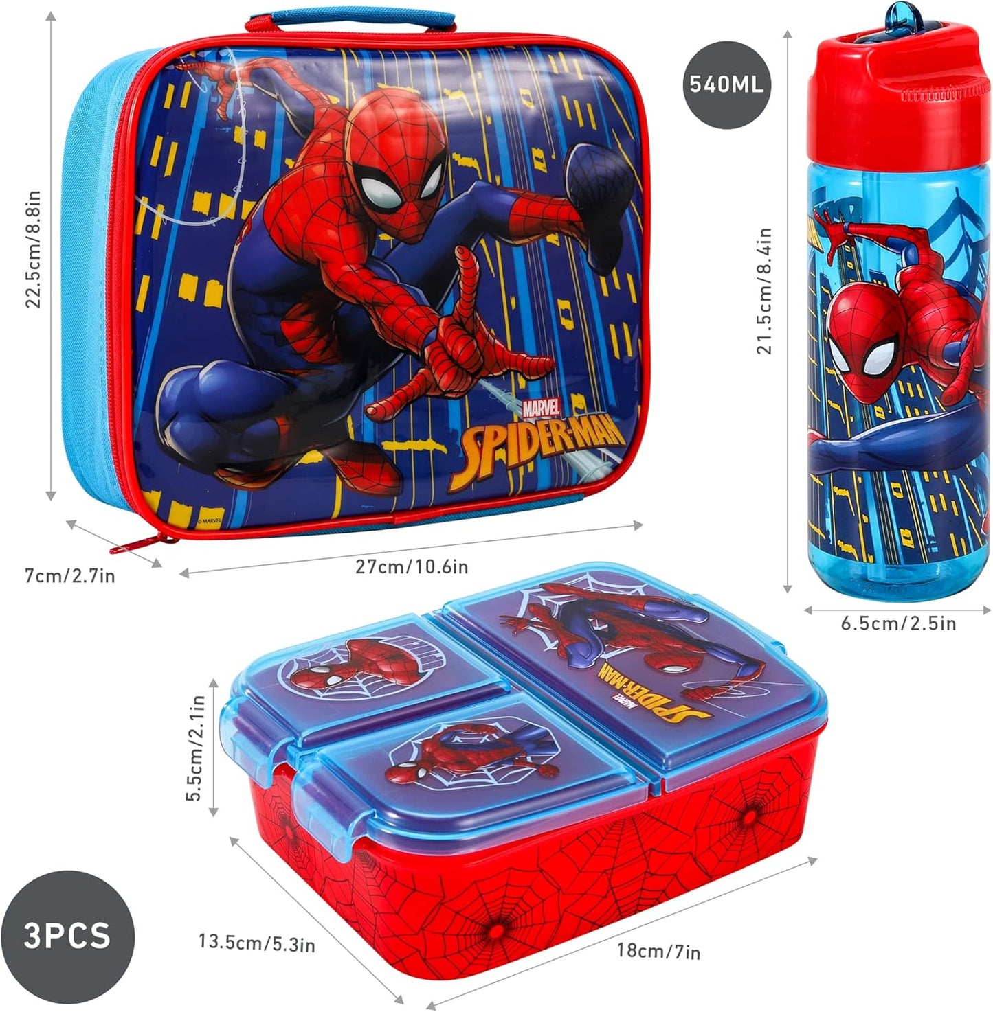 Zawadi Global Conjunto de lancheira infantil Spiderman Kids - lancheira isolada, lancheira com vários compartimentos e garrafa de água de 540 ml - conjunto de comida para almoço de viagem escolar,