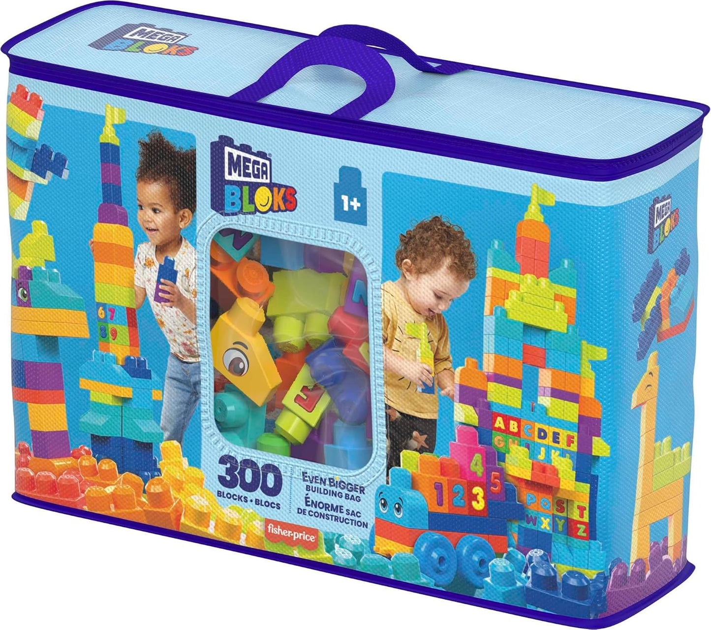 MEGA Conjunto de construção BLOKS Even Bigger Building Bag com 300 blocos grandes e coloridos e 1 bolsa de armazenamento, conjunto de brinquedos para presente para maiores de 1 ano, HHM97