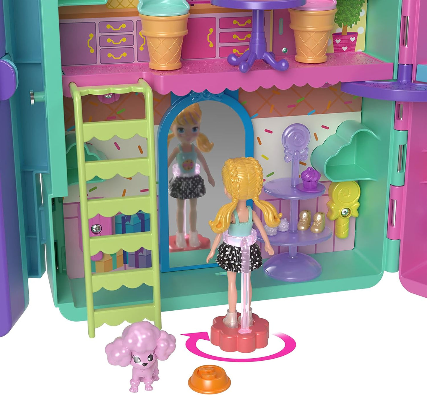 Polly Pocket Playset e 2 bonecas (3 polegadas), máquina de venda automática estilo doce, 2 andares, mais de 35 peças de móveis, roupas e acessórios, HKW12