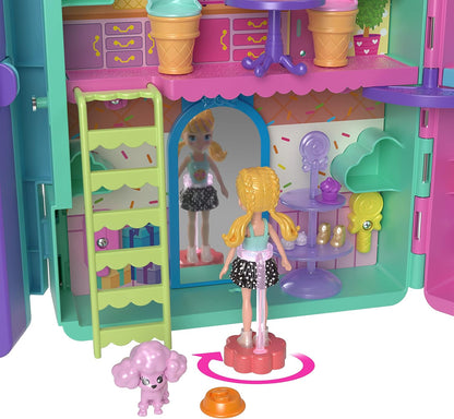 Polly Pocket Playset e 2 bonecas (3 polegadas), máquina de venda automática estilo doce, 2 andares, mais de 35 peças de móveis, roupas e acessórios, HKW12