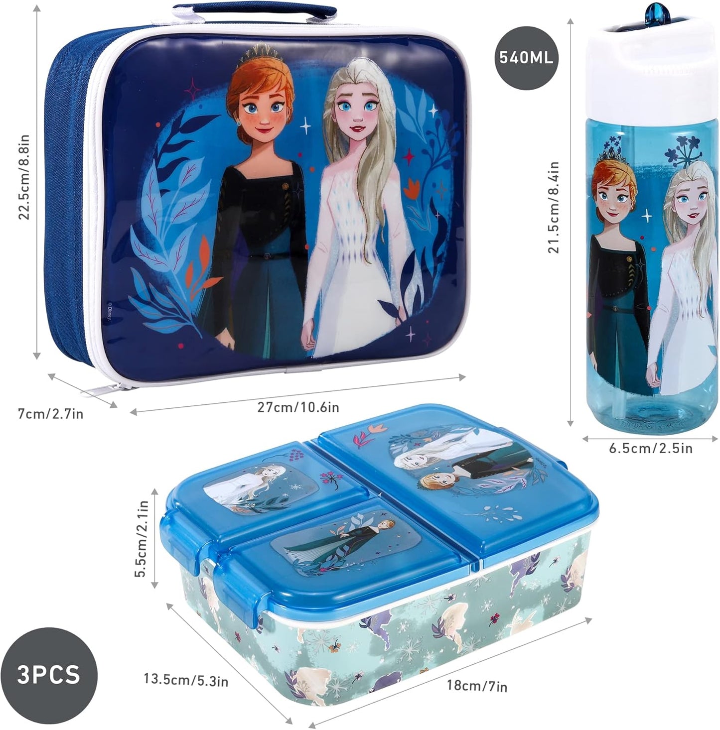 Zawadi Global Conjunto de lancheira infantil Frozen Kids - lancheira isolada, lancheira com vários compartimentos e garrafa de água de 540 ml - conjunto de comida para almoço de viagem escolar, sem BPA