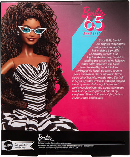 Barbie Boneca Signature, colecionável do 65º aniversário com cabelo trançado castanho, vestido preto e branco, brincos de safira e óculos de sol, HRM59