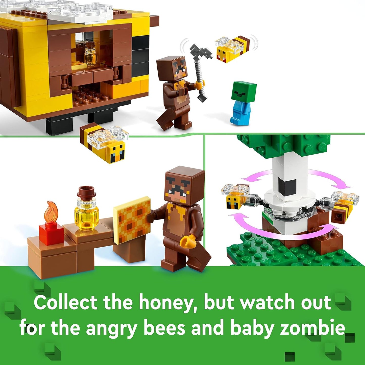 LEGO 21241 Minecraft The Bee Cottage Brinquedo de construção com casa edificável, fazenda, bebê zumbi e figuras de animais, ideia de presente de aniversário para meninos e meninas