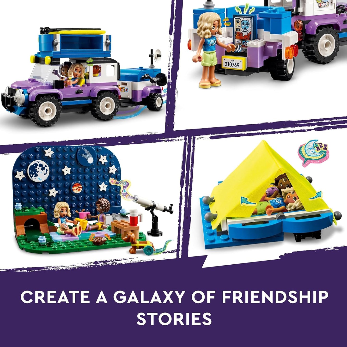 LEGO Conjunto de veículo de acampamento Friends Stargazing com brinquedo de carro 4x4 para meninas, meninos e crianças de 7 anos ou mais com personagens de miniboneca Nova e Aliya, além de figuras de animais de cachorro e ouriço, ideia de presente 42603