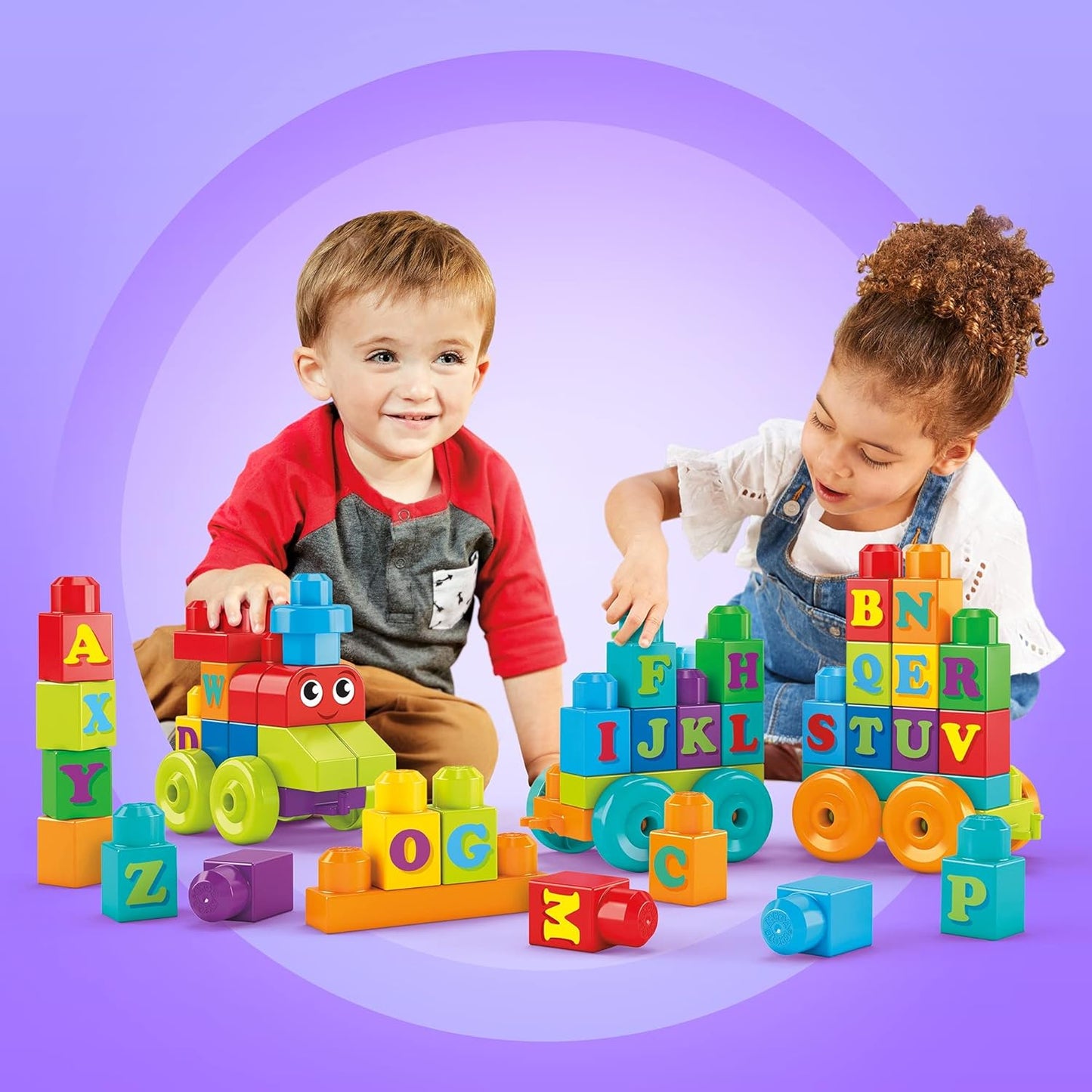 Mega BLOKS Build 'n Learn Conjunto de construção de brinquedo de mesa com 30 blocos de construção grandes e 1 veículo móvel BLOKS Fisher Price Building Toy ABC Blocks, ABC Learning Train Brinquedo de aprendizagem para crianças de 1 a 3 anos