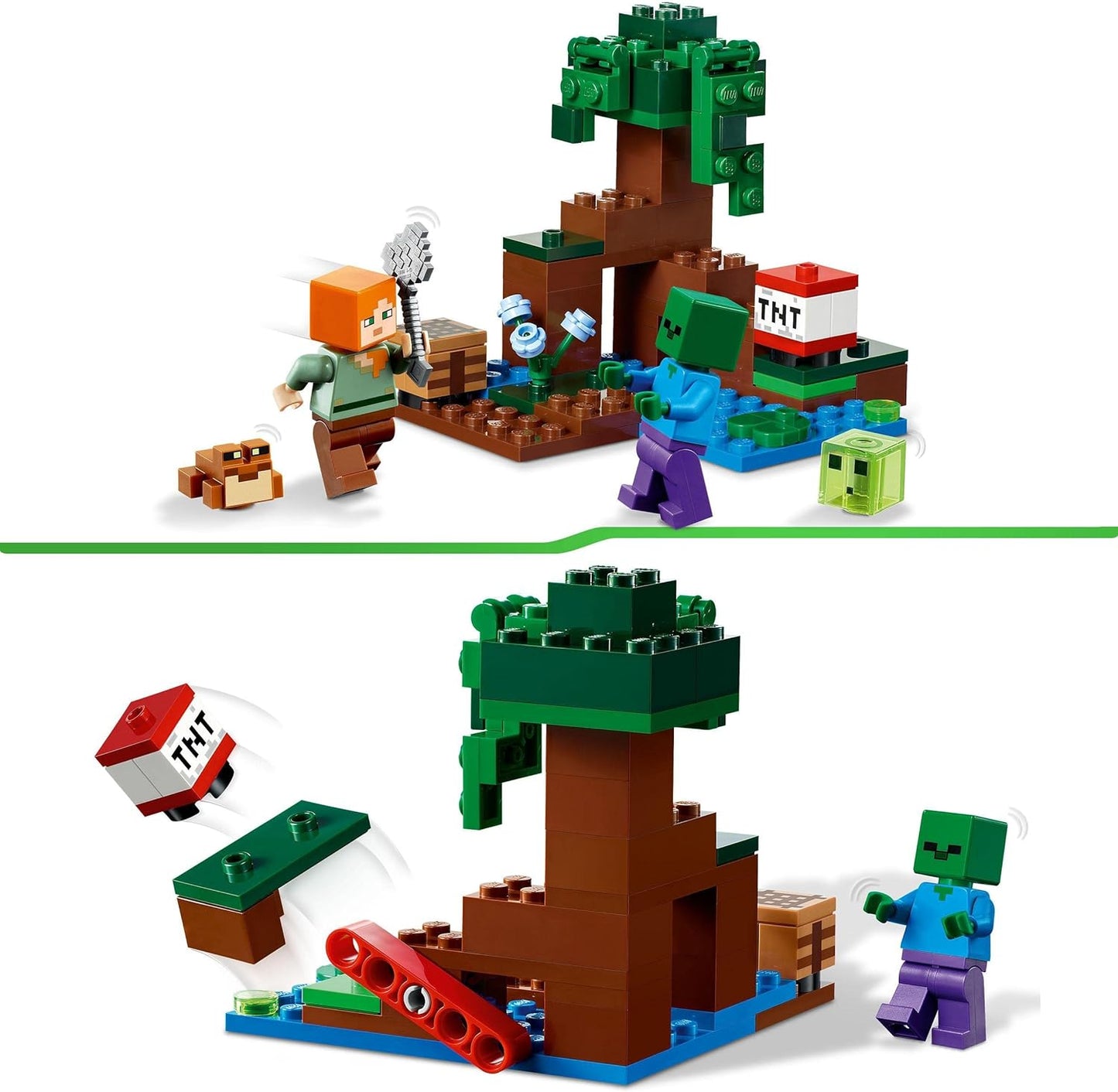 LEGO Minecraft The Swamp Adventure, jogo de construção de brinquedo com figuras de Alex e zumbi no bioma, ideia de presente de aniversário para crianças a partir de 8 anos